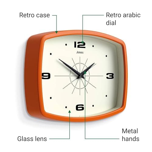 JONES CLOCKS® Movie wall Clock | Retro Rectangular Clock | 10 inch | Orange | Cool mid-Century Designer Look for Kitchen, Living Room or Office 6