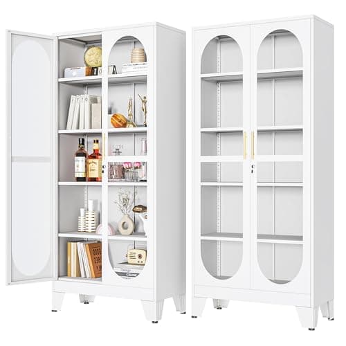 PAOFIN 71" H Locking Display Cabinet with Glass Door, Metal Curio Cabinets with 4 Adjustable Shelves, Tall Liquor Cabinet Display Case for Living Room, Collectibles, Home - Assembly Required White