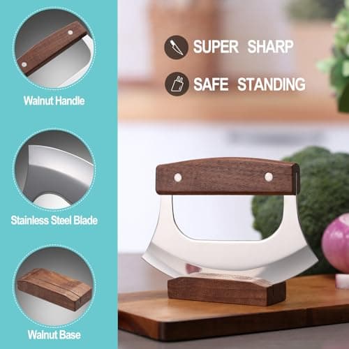 Coowolf Ulu Knife - Sharp Rocker Mezzaluna Knife with Stand for Cutter Pizza, Meat, Vegetables, Herb, Salad, Stainless Steel Blade, Walnut Wood Handle, Kitchen Essentials Accessories and Gadgets Tools 5