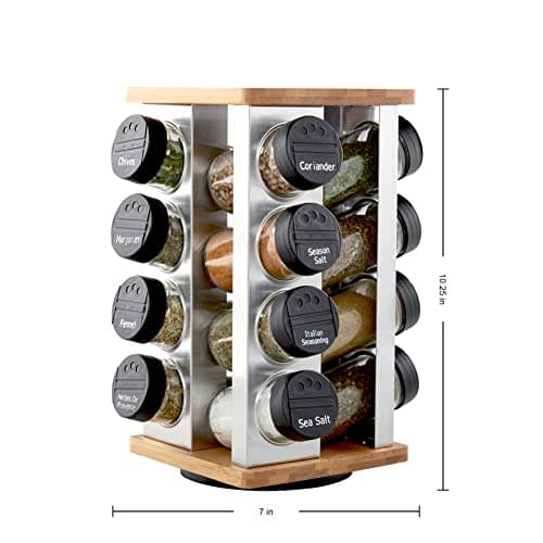 Kamenstein 16 Jar Warner Revolving Countertop Spice Rack Organizer with Lift & Pour Caps and Spices Included, FREE Spice Refills for 5 years, Stainless Steel & Bamboo with Black Caps 2
