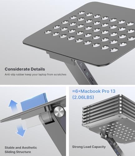 KU XIU Adjustable Laptop Stand with 8 in 1 USB C Hub, Foldable Portable Computer Notebook Stand with 360° Rotating Base, Riser Holder Mount for All 10-17" Laptops (Gray) 7