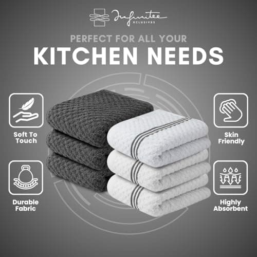Infinitee Xclusives 100% Cotton Kitchen Towels - 15x25 Inch Ultra Soft Tea Towel, Super Absorbent Terry Dish Towels for Kitchen Linens |Grey| 7