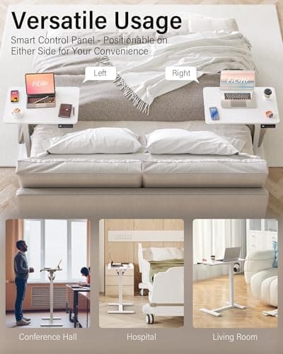 FiCiHi Small Electric Standing Desk - Adjustable Height Bedside Laptop Table with Wheels, Mobile, Portable Rolling Computer Workstation Sit Stand Table for Home Office, Sofa, Couch Use (24x16, White) 5