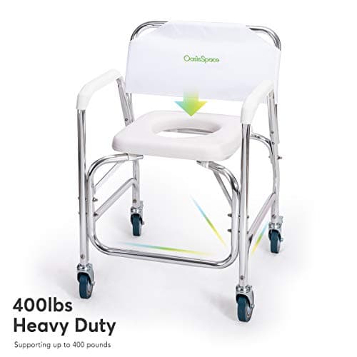 OasisSpace Rolling Shower Chair 400 lb, Rolling Commode Transport Chair with Wheels and Padded Seat for Handicap, Elderly, Injured and Disabled 5