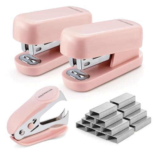 WORKPRO Mini Stapler with Staples, Pink Stapler Set Includes Two Small Staplers, One Staple Remover, 2000 Standard Staples - Cute Staplers for Desk with Non-Slip Base, Lock Design - Pink Ribbon