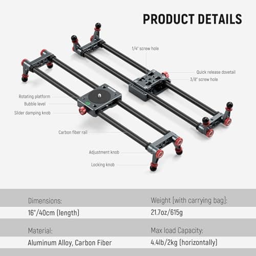 NEEWER 16in/40cm Carbon Fiber Camera Slider with 360° Ball Head/Phone Clamp/Action Camera Mount, Dolly Rail Track with 4 Bearings & Adjustable Legs, Compatible with GoPro Insta360 iPhone Android, CS1M 9