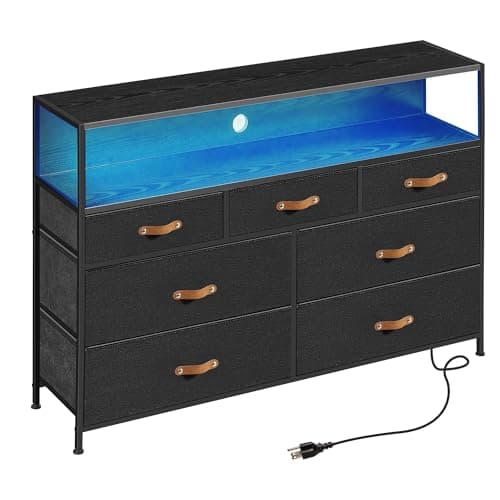 SANGMUCEN Dresser for Bedroom with Power Outlets and LED Lights, Black 55" TV Stand with 7 Drawers, Bedroom Dresser with Open Shelf for Bedroom, Entryway