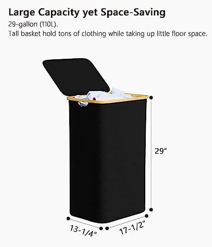 SUOCO Laundry Basket with Lid, 29 Gal (110L) Clothes Hamper with Bamboo Handles, Large Foldable Laundry Hamper for Bedroom, Bathroom, Dorm, Laundry Room - Black 5