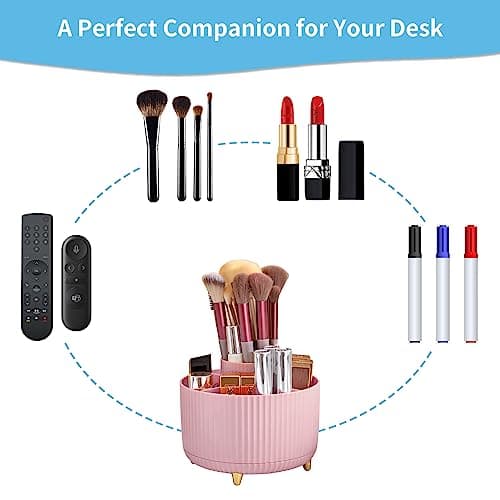 Marbrasse Desk Organizer, 360-Degree Rotating Pen Holder, Desk Organizers and Accessories with 5 Compartments Pencil Organizer, Art Supply Storage Box Caddy for Office, Home(Pink) 6