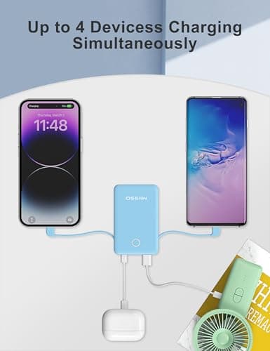6000mah Ultra Slim Built in Cables Power Bank, Card Size Built in USB C Cords Battery Pack Portable Charger for Phones, 3 Output External Battery Pack Compatible with iPhone, Blue 5