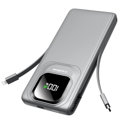 Portable Charger Power Bank with Built-in Type C Cables, 22.5W Fast Charging 10000mAh Phone Charger, Travel Battery Pack Slim Battery Bank with Smart LED Display for iPhone, Android & USB-C-Gray