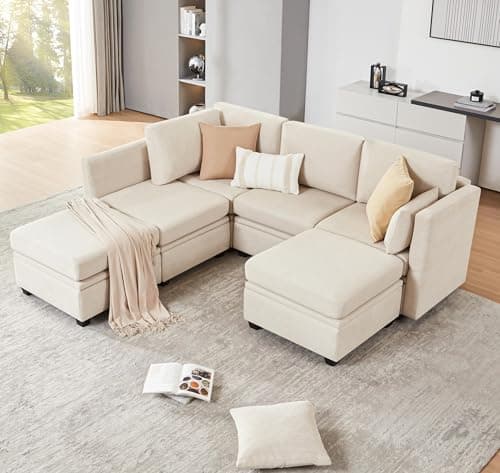 Weture Modular Sectional Sofa with Storage, U Shaped Sectional Couch for Living Room, Convertible Modular Sofa Couch with Ottomans, High Supportive & Soft Sponge, 6 Seat, Beige 6