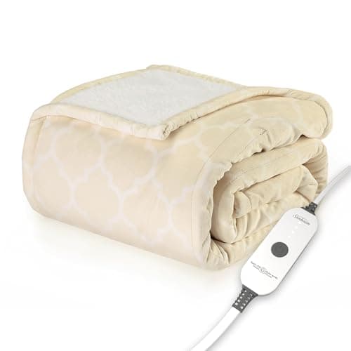 Sunbeam Royal Mink Sherpa Champagne Lattice Heated Personal Throw / Blanket, Cozy-Warm, Adjustable Heat Settings