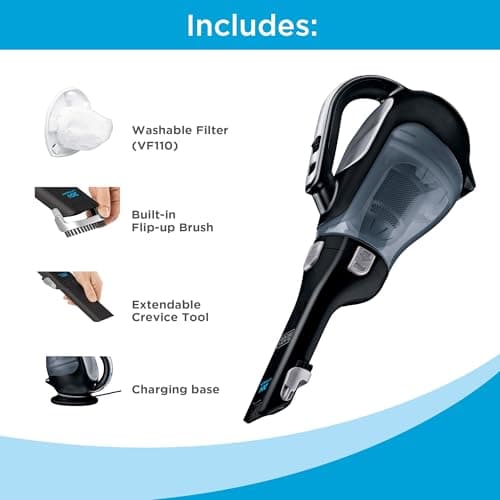 BLACK+DECKER dustbuster 20V Hand Vacuum Cordless Rechargeable, Car Vacuum Portable, Powerful Suction AdvancedClean Hand Vac with Extendible Crevice Tool, Flip-Up Brush and Charging Base (BDH2000L) 9