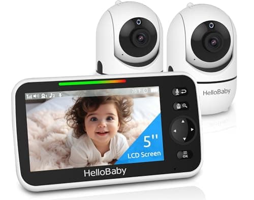 HelloBaby Upgrade 5’’ Baby Monitor with 30-Hour Battery, 2 Cameras Pan-Tilt-Zoom, 1000ft Range Video Audio Baby Monitor No WiFi, VOX, Night Vision, 2-Way Talk, 8 Lullabies and Temperature