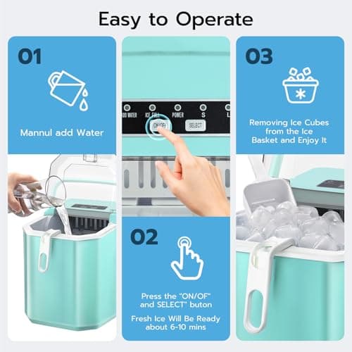 ZAFRO Countertop Ice Maker, 26.5Lbs/24H, 9 Bullet Cubes in 6 Mins, Self-Cleaning Portable Ice Machine with 2 Ice Sizes (S/L), Quiet Compact Design, Double Handles, for Home, Party, RV, Camping, Green 6
