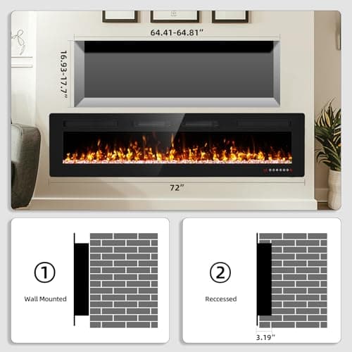 72” Electric Fireplace Recessed and Wall Mounted Fire Places with Remote Control, Touch Screen 6