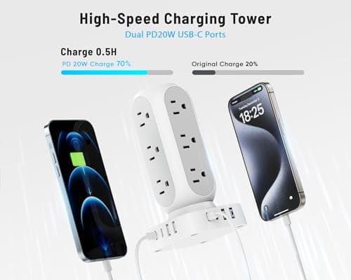 Flat Plug Power Strip Tower 10FT, 40W Total Fast Charging Station, Dual PD 20W USB-C Surge Protector with 12 AC Outlets and 8 USB Ports (4 USB C), Long Extension Cord for Home Office Dorm Room 3