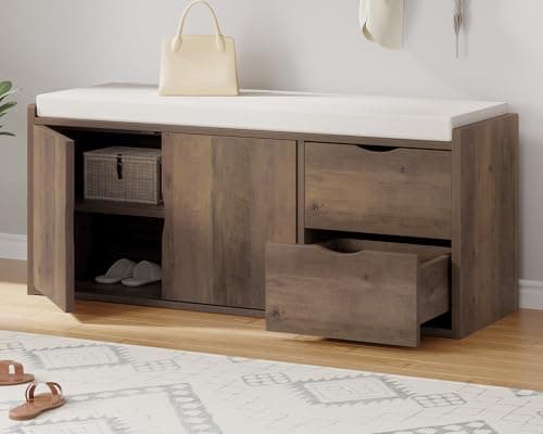 LVB Entryway Bench with Storage, 40” Storage Bench with Padded Cushioned Seat, Farmhouse Shoe Bench with 2 Drawers Cabinet Shelf, Industrial Wood Shoe Rack Bench for Living Bedroom,Rustic Oak, 40in