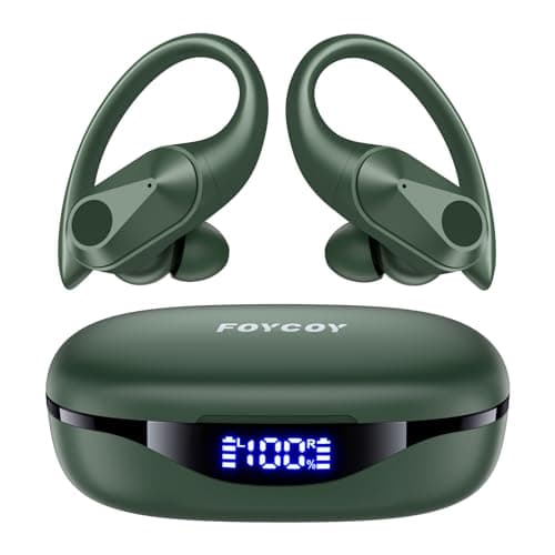 FOYCOY Bluetooth Headphones Wireless Earbuds 90Hrs Playtime Ear Buds IPX7 Waterproof Sports Earphones with Wireless Charging Case & Over-Ear Earhooks LED Power Display Stereo Bass Headset Oliver Green