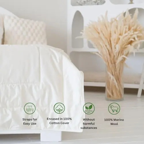 Purevana 100% Merino Wool Mattress Topper for Back Pain Relief Natural Handmade Merino Wool Pad 1 Inch Thick Cooling Breathable with 2 Elastic Straps, Ivory Queen 60x80 Inches 3