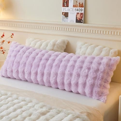 LIFEREVO Fluffy Faux Rabbit Fur Body Pillow Cover, Cozy Light Purple Bubble Shaggy Plush Bed Body Pillowcase with Zipper, Long 20"x54" Fuzzy Furry Pillow Case for Bedroom Home Decoration, Lavender