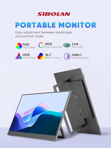 sibolan Portable Monitor 18.5inch 1080P FHD 100Hz Refresh Rate Gaming Monitor, 72% sRGB, IPS Panel, Dual USB-C & Mini-HDMI for Laptop, PC, Phone, Built-in Kickstand, Speakers 2