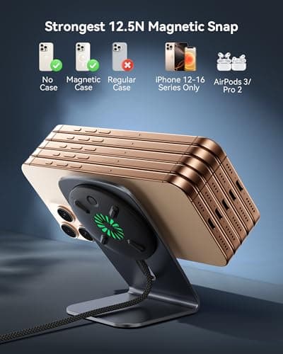 INIU Magnetic Wireless Charger Stand, Qi2 Certified 15W Mag-Safe Wireless Charging Pad with Cooling Fan, Fast Charging Pad for iPhone 17 16 15 14 13 12 Series AirPods 4 3 2 Pro (with Adapter) 6