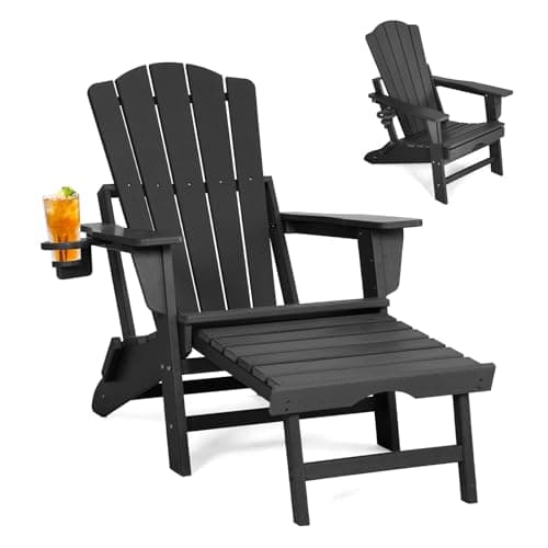 LETKIND Folding Adirondack Chair with Retractable Ottoman,All Weather Fire Pit Chairs with Cup Holder,Outdoor Chair with Ottoman,Black