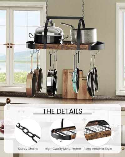CHOEZON Hanging Pot Rack, Pot Hanger for Kitchen, Ceiling Mounted Pot Holder, Cookware Organizer with 12 S-Shaped Hooks, for Pot, Pan Storage, Space Saver, Rustic Brown and Black TPR08BF 6