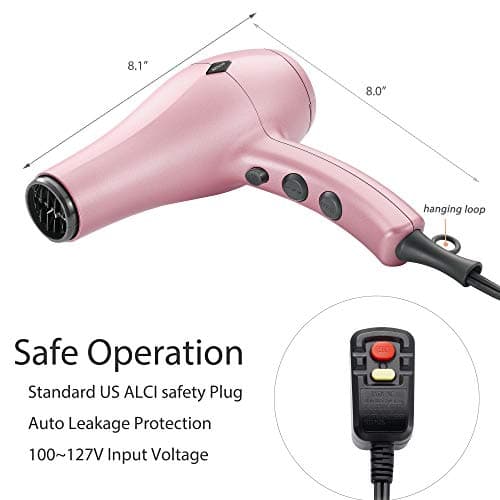 NITION Negative Ions Ceramic Hair Dryer with Diffuser (Large Size 5.3 inch) Attachment,Ionic Blow Dryer Quick Drying,1875 Watt 2 Speed / 3 Heat Settings,Cool Shot Button,Lightweight,Rose Pink 7