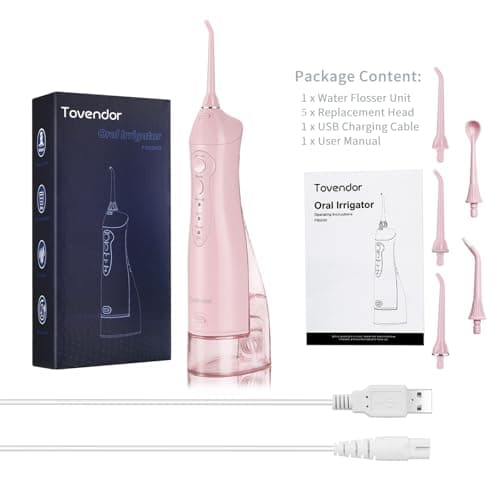TOVENDOR Electric Water Dental Flosser Teeth Pick, Cordless Flossers Oral Irrigator IPX7 Waterproof 300ML Rechargeable Travel Water Teeth Cleaner with 5 Tips for Home Braces Care Gums Deep Cleaning 9