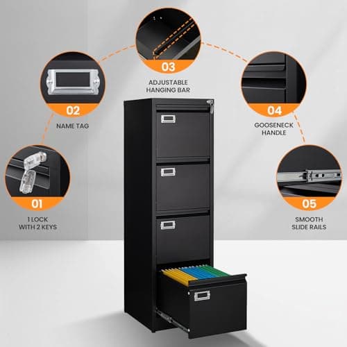 AFAIF 4 Drawer File Cabinet with Lock, Metal File Cabinets for Home Office,18" Deep Vertical Black Filing Cabinets Office Storage Cabinet for Letter/Legal / A4 / F4 Size, and File Folders 6