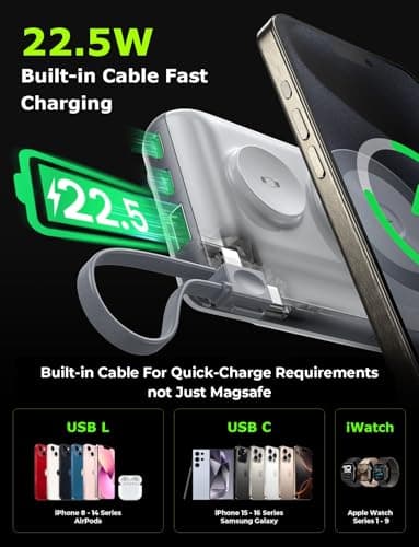 LISEN Magsafe Power Bank for iPhone [22.5W Built-in Cable] Magnetic Phone Charger 10000mAh Portable Wireless Power Bank Fast Charging for Apple Magsafe Battery Pack Fits iPhone/Watch/iPad All 6