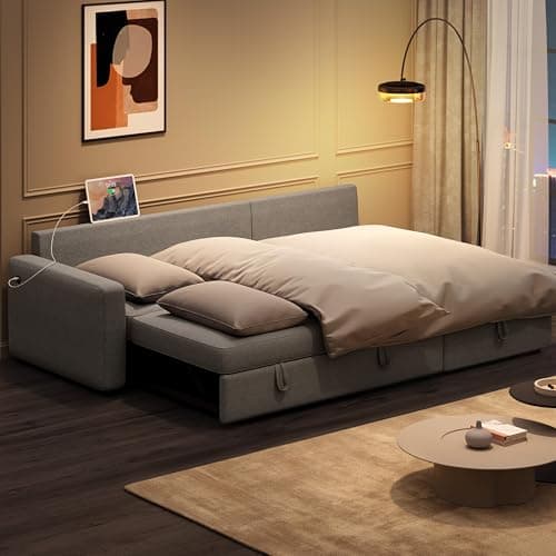 Yaheetech Sectional Sofa L-Shaped Sofa Couch Bed w/Chaise & USB, Reversible Couch Sleeper w/Pull Out Bed & Storage Space Living Room Light Gray 8