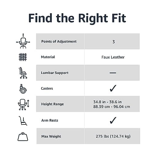 Amazon Basics Office Task Chair with Adjustable Height, 360° Swivel, Padded Armrests, Mid-Back, Rolling, 275 Pound Capacity, 24.2"D x 24"W x 34.8"H, Black Faux Leather 5