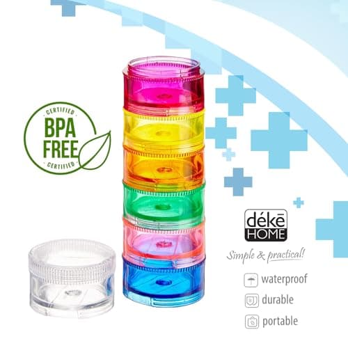 Deke Home - Stackable Pill Organizer (2 Pack), 7 Day Weekly Pill Box Tower with Twist Lock Compartments, BPA-Free, Travel Medicine Holder & Vitamin Dispenser, Compact & Portable Case, Rainbow Colored 7