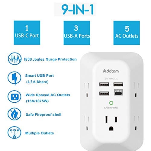 Addtam USB Wall Charger Surge Protector 5 Outlet Extender with 4 USB Charging Ports (1 USB C Outlet) 3 Sided 1800J Power Strip Multi Plug Outlets Wall Adapter Spaced for Home Travel Office ETL Listed 2