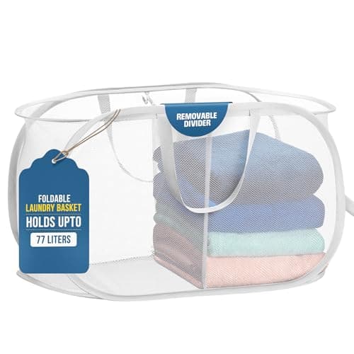 Handy Laundry Collapsible Laundry Basket, 2-Compartment Mesh Hamper – Foldable, Space-Saving, Lightweight & Durable with Handles for Dorm, Travel, Laundry Room, Apartment – White
