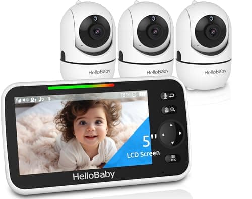 HelloBaby HB6550 5" Baby Monitor 3 Cameras, 26-Hour Battery, Pan-Tilt-Zoom,1000ft Range Video Audio Baby Monitor No WiFi, VOX, Night Vision, 2-Way Talk, 8 Lullabies and Temperature, ECO, Ideal Gifts