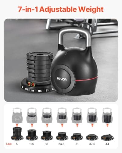 VEVOR Kettlebell, Adjustable Kettlebell with 7 Weight Levels (5, 11.5, 18, 24.5, 31, 37.5, 44 lbs), Die-Cast Aluminum and ABS Material, for Grip Strength Training, Full-body Workout & Cross-Training 5