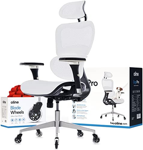 Oline ErgoPro Ergonomic Office Chair with 4D Adjustable Armrest, 3D Lumbar Support and Blade Wheels - Mesh Computer Gaming Rolling Desk Executive Swivel Home Chair (White)