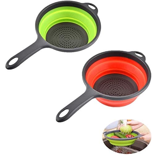 2 Pack Kitchen Foldable Silicone Strainer Colanders, Collapsible Colanders with Handles, Space-Saver Folding Strainer Colander for Draining Pasta, Vegetable (Green and Red)