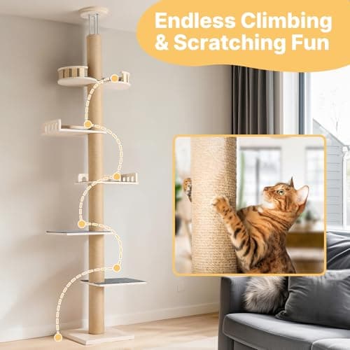 Veehoo Floor to Ceiling Cat Tree, Adjustable Height (5.1-9.4 ft) Tall Climbing Tower with Sisal Scratching Posts, Modern Cat Activity Tree for Indoor Cats 6