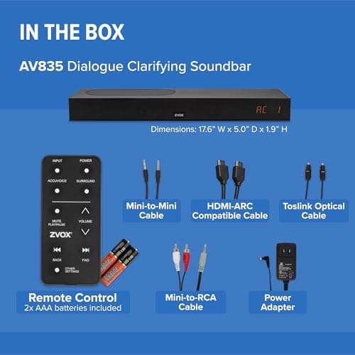 ZVOX AccuVoice AV835 Dialogue Clarifying Soundbar - Patented Hearing Technology with 20 Levels of Voice Boost, Dual Woofers, Low-Profile TV Speaker for Home Theater and Smart TV - Black 7