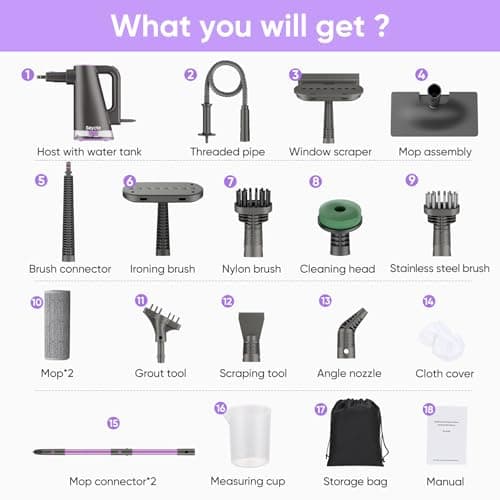 Seyola Steam Mop Cleaner for Hardwood Floor Cleaning, Hands-free Steamer Cleaner Handheld with 9-in-1 Multi-purpose Attachments for Bathroom, Windows, Sofas, Clothes, Tiles Grout (Purple-Grey) 9