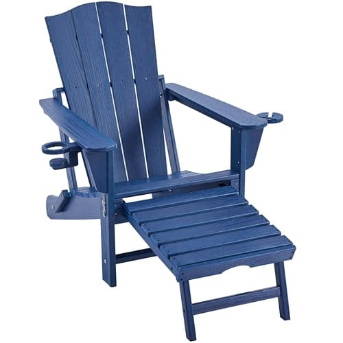 Yaheetech Adirondack Chair with Retractable Ottoman, All Weather Patio Folding Fire Pit Chair with Cup Holder and Phone Holder for Outdoor Poolside, Navy Blue