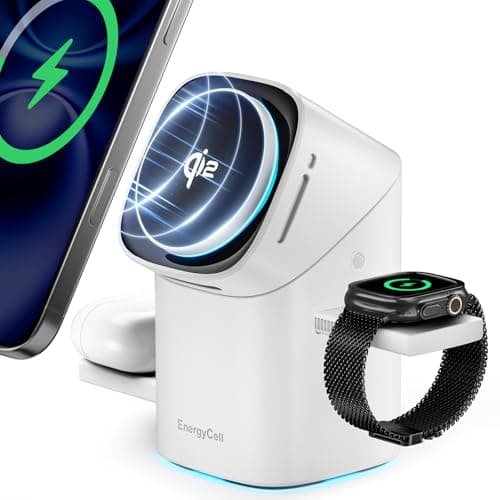 EnergyCell Rotating Wireless Charger, Qi2 Certified 2X Faster 15W for iPhone Charging Station 17/16/15/14/13, Apple Watch, AirPods, 3 in 1 Charging Station Apple Magnetic with Heat Dissipation, White