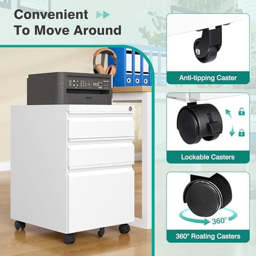 3 Drawer File Cabinet with Wheels,Under Desk File Cabinet with Lock,White Rolling Filing Cabinet,Three Drawer Metal Filing Cabinets for Home Office,Fit A4/Letter/Legal,Fully Assembled Except Casters 7