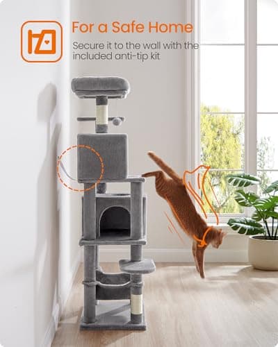 Feandrea Cat Tree, 59.5-Inch Tall Cat Tower, Plush Multi-Level Condo with 5 Scratching Posts, 2 Perches, 2 Caves, Hammock, 2 Pompoms, Light Gray UPCT192W01 8